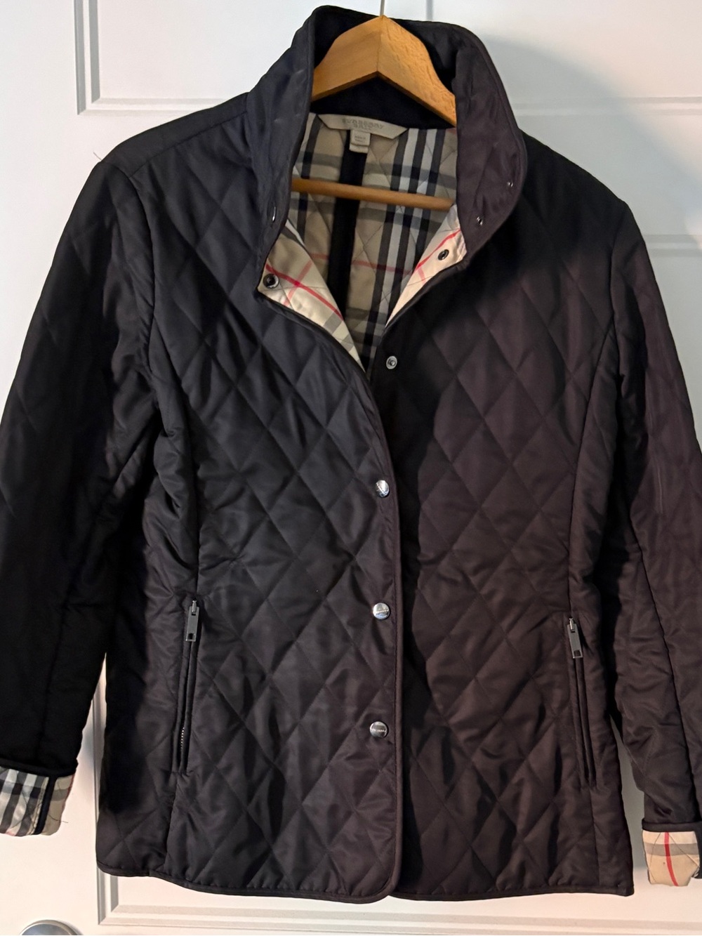 Women’s Quilted Black Burberry Jacket with Stand Collar